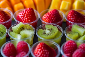 Assorted fresh fruit cups with strawberries, kiwi, and mango, arranged neatly for healthy snacks.