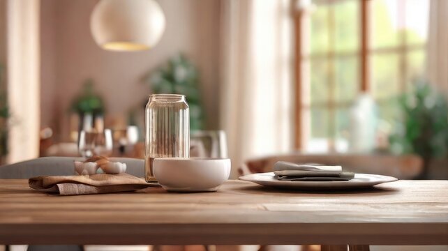 Close-up image of copy space for montage your product display on a beautiful dining table over blurred background of a cozy living room. 3d render, 3d illustration
