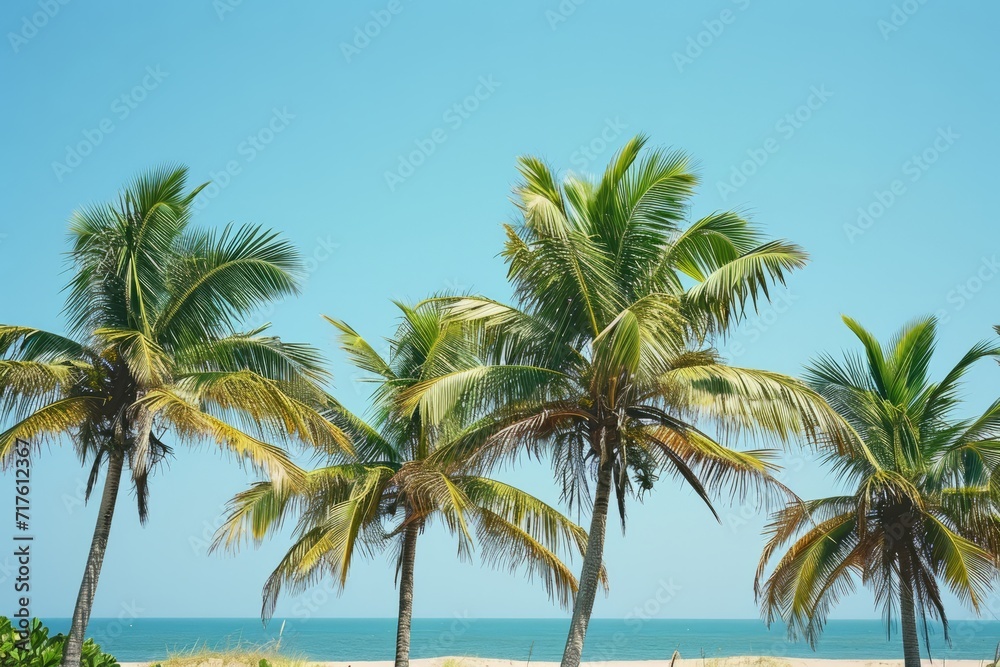 Wall mural Tropical beach scene with lush palm trees against a clear blue sky.