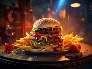 Juicy burger on hot plate with fries and tomato sauce - obrazy, fototapety, plakaty