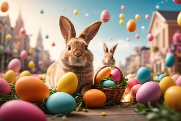 A photo of cute bunny with easter eggs background ai generative