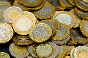 stacked many coins Turkish liras pile