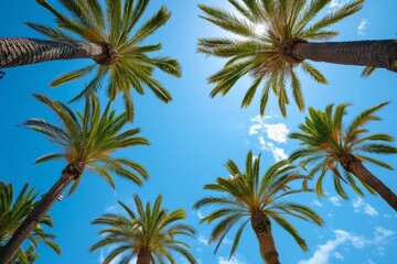 Tropical palm trees against a clear blue sky with sunlight peeking through the leaves.