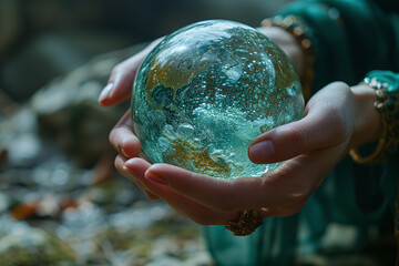 Hands holding a glowing colorful glass or crystal magic green ball, like green Earth. Save the planet, ecological conceptual poster. Blurred nature background. Fortune Teller holding magic ball