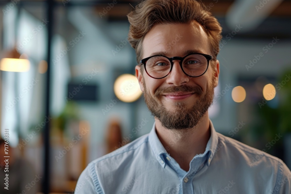Aufkleber A man with glasses and a beard smiling at the camera. Suitable for various applications