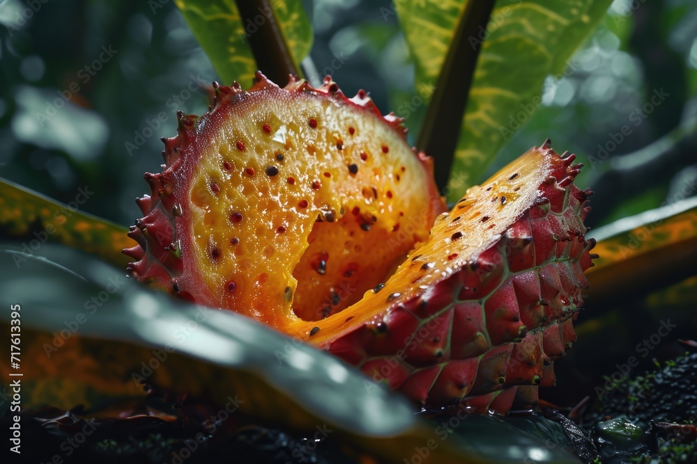 Poster a detailed view of a fruit hanging from a tree. this image can be used to showcase the beauty of nat