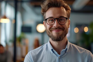 A man with glasses and a beard smiling at the camera. Suitable for various applications