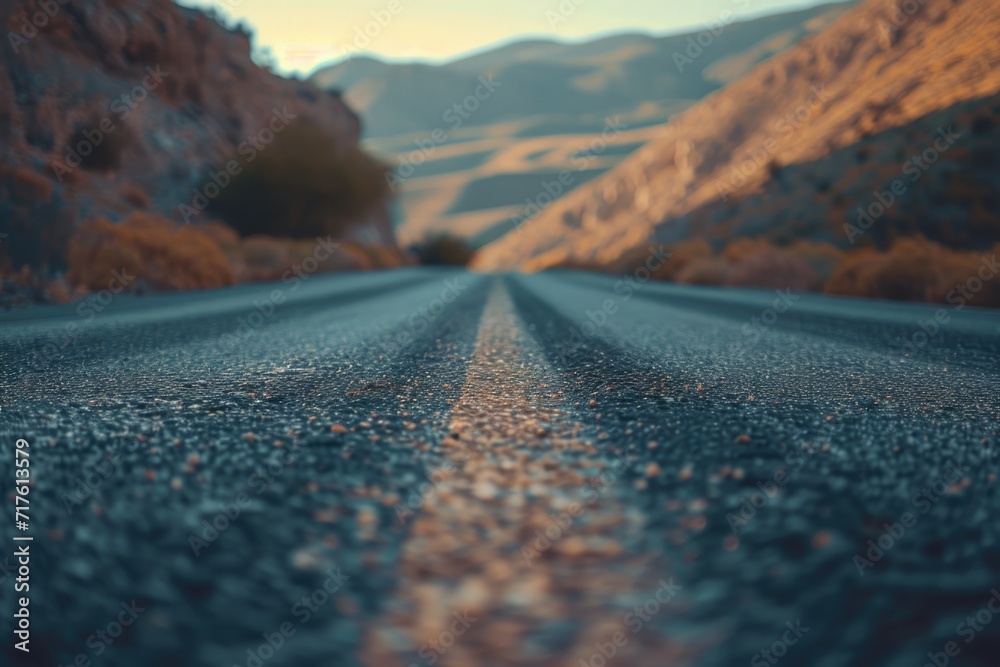 Poster a picture of an empty road with majestic mountains in the background. perfect for travel or adventur