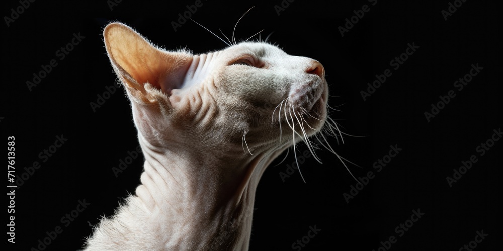 Poster A close-up photograph of a cat with a black background. This image can be used for various purposes, such as pet-related articles, advertisements, or social media posts