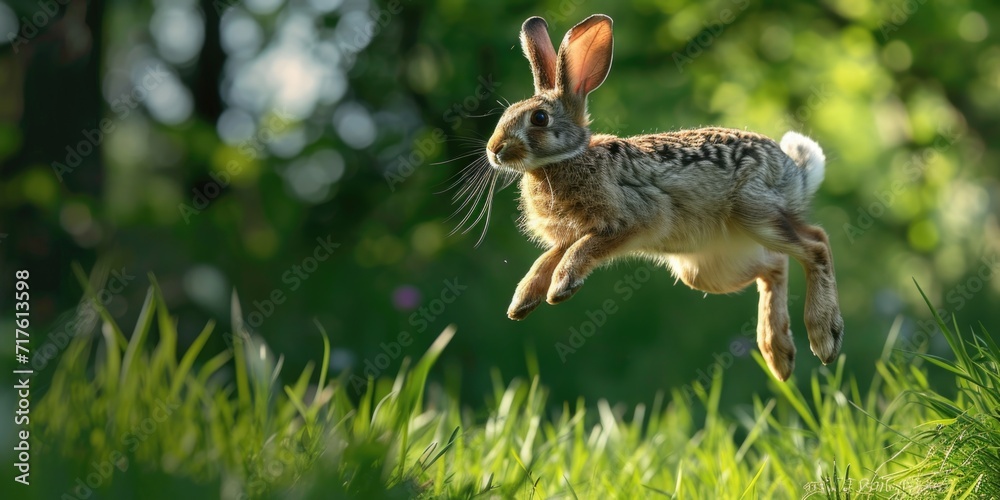 Poster A lively brown and white rabbit captured mid-air while jumping. Perfect for adding a playful touch to any project