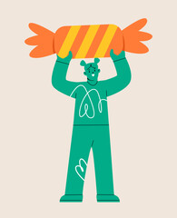 Woman holding big wrapped sweet candy. Colorful vector illustration