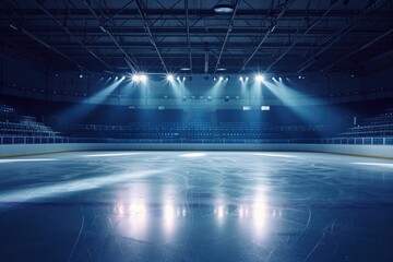 An empty ice rink with spotlights illuminating the ice. Perfect for sports events or winter-themed designs
