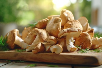 Freshly picked mushrooms arranged on a rustic wooden cutting board. Ideal for food and culinary concepts