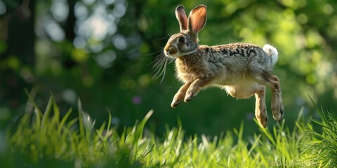 A lively brown and white rabbit captured mid-air while jumping. Perfect for adding a playful touch to any project
