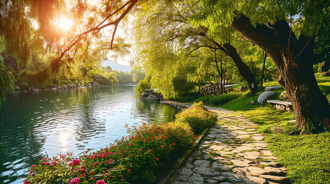 Tranquil Park Oasis: Colorful Summer Spring Landscape with Sunlit Lake, Lush Foliage, and Stone Path in Foreground