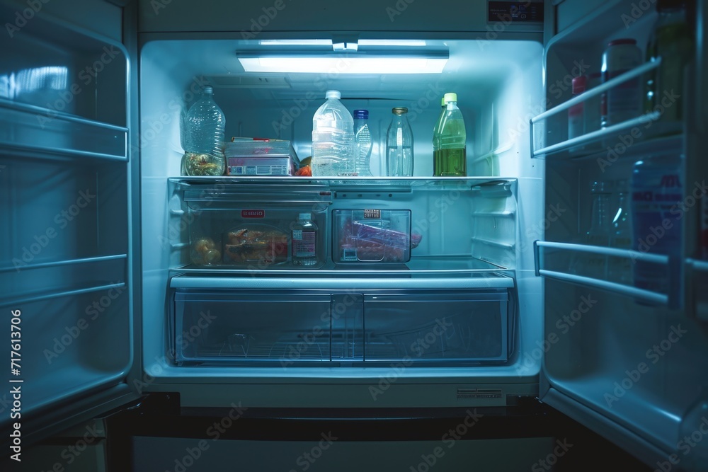 Poster an open refrigerator filled with a variety of food and drinks. perfect for illustrating a well-stock