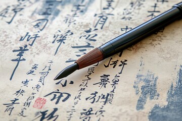 A pen sits on top of a piece of writing, ready to be used. This versatile image can be used to...