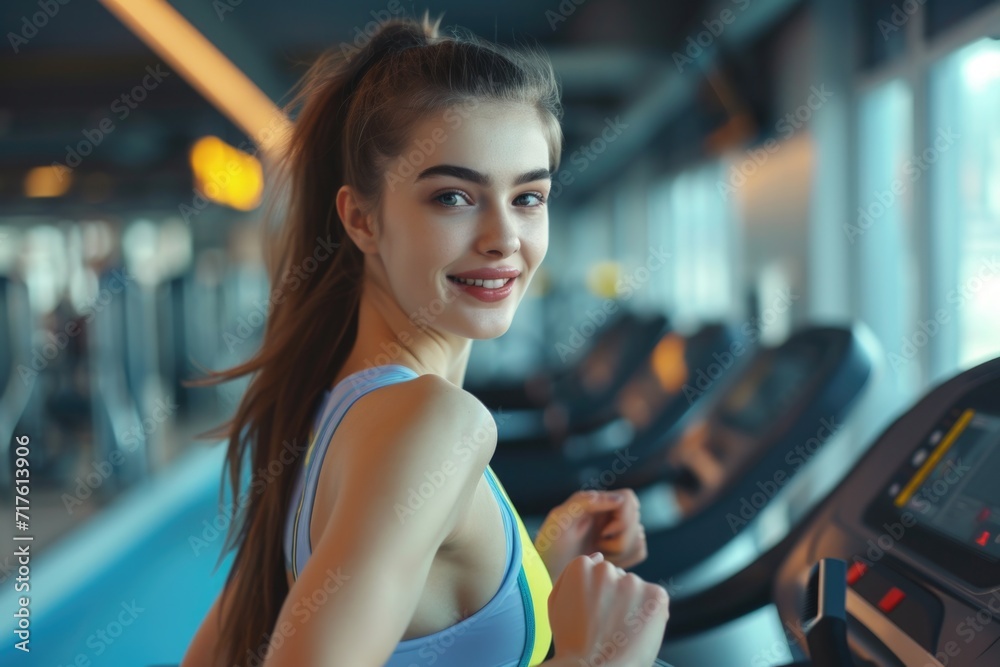 Poster a woman running on a treadmill in a gym. ideal for fitness and exercise concepts