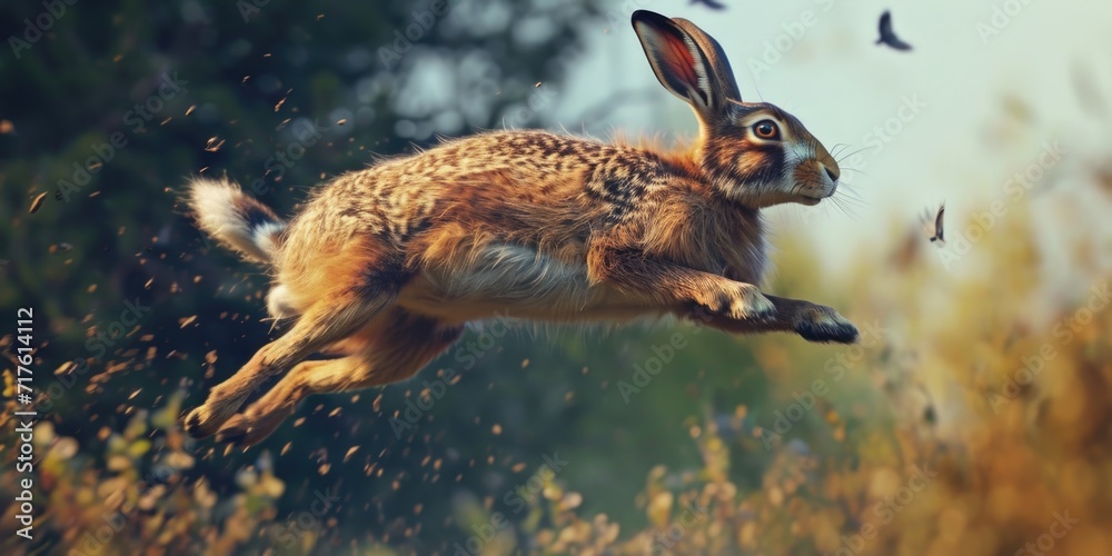 Poster a rabbit captured mid-air while jumping in a field. perfect for nature and animal-themed projects