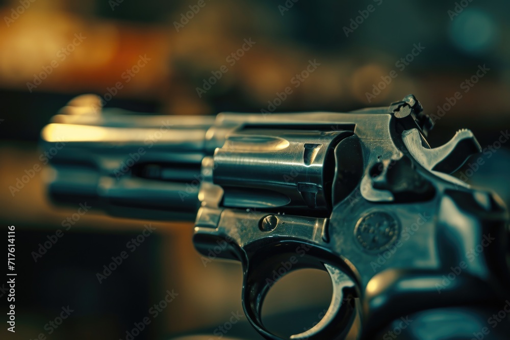 Poster a close-up view of a gun placed on a table. this image can be used to depict themes of firearms, cri