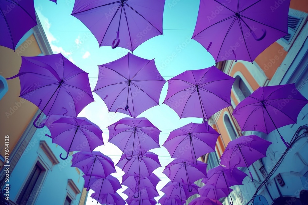 Poster A unique display of purple umbrellas suspended from the ceiling. Perfect for adding a pop of color and whimsy to any space