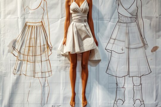 A woman is pictured standing next to a drawing of a dress. This image can be used for fashion design, clothing concepts, or fashion blog posts