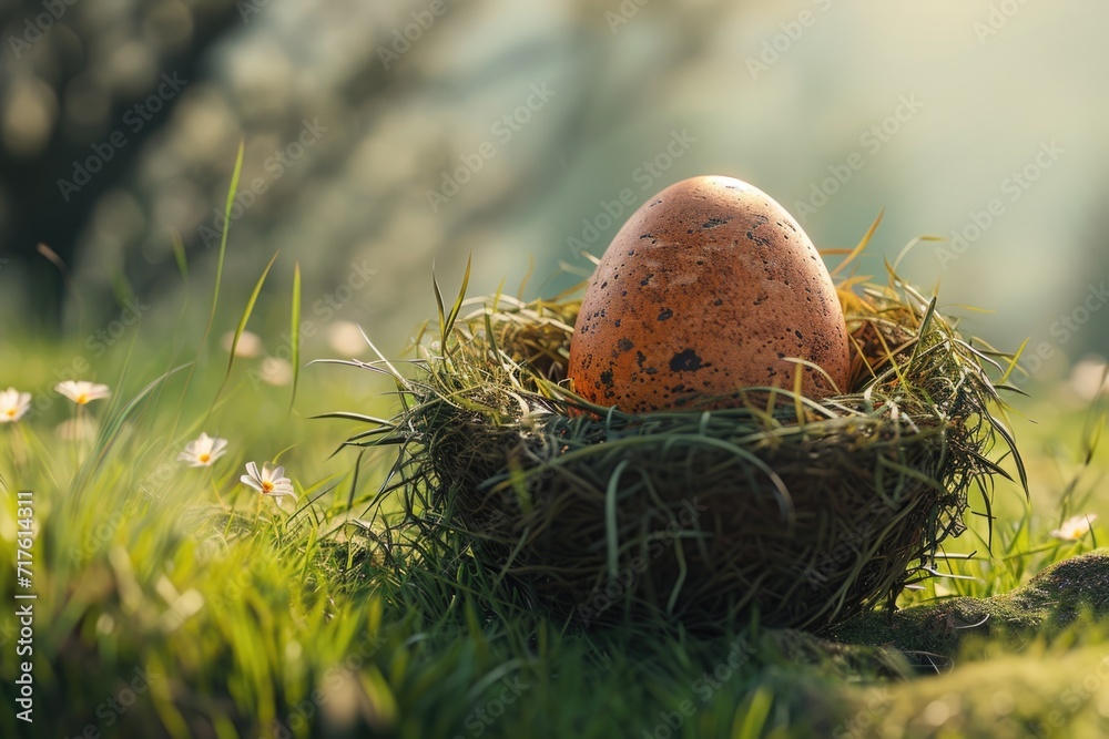 Poster An egg sitting in a nest in the grass. Suitable for nature and spring themes