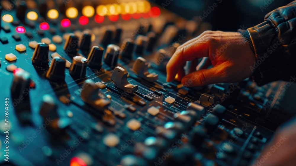 Poster a detailed close-up of a person's hand on a mixing board. this image can be used to showcase music p