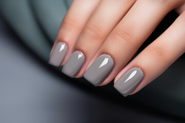 Glamour woman hand with gray nail polish on her fingernails. Gray color nail manicure with gel polish at luxury beauty salon. Nail art and design. Female hand model. French manicure.