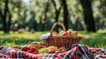 A picnic basket filled with a variety of fresh fruit and bread. Perfect for a relaxing outdoor meal.