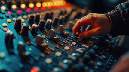A detailed close-up of a person's hand on a mixing board. This image can be used to showcase music production, sound engineering, or DJ equipment