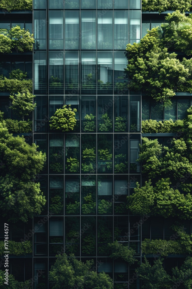 Poster A picture of a tall building with a beautiful landscape of trees in front. Perfect for architectural and nature-themed designs