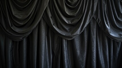 A black curtain hanging against a black background. Suitable for dramatic or mysterious themes - obrazy, fototapety, plakaty