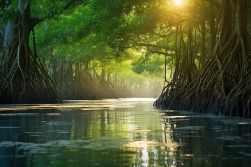 Green mangrove forest with morning sunlight. Mangrove ecosystem. Natural carbon sinks. Mangroves capture CO2 from the atmosphere. Blue carbon ecosystems. Mangroves absorb carbon dioxide emissions