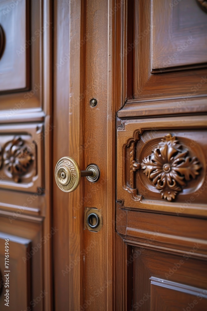 Poster Close-up shot of a door handle on a wooden door. Can be used to add a rustic touch to any design project