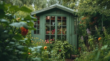Fototapeta na wymiar A garden shed filled with a variety of vibrant flowers. Perfect for adding a touch of nature to any project
