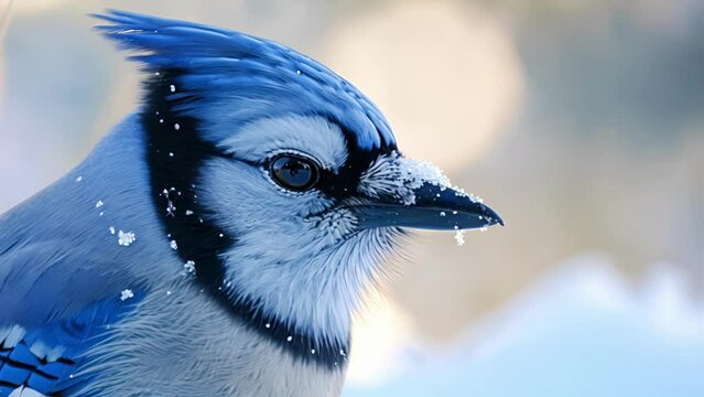 Closeup of a majestic blue jay its sharp beak and piercing eyes shown in detail against the snowy backdrop.