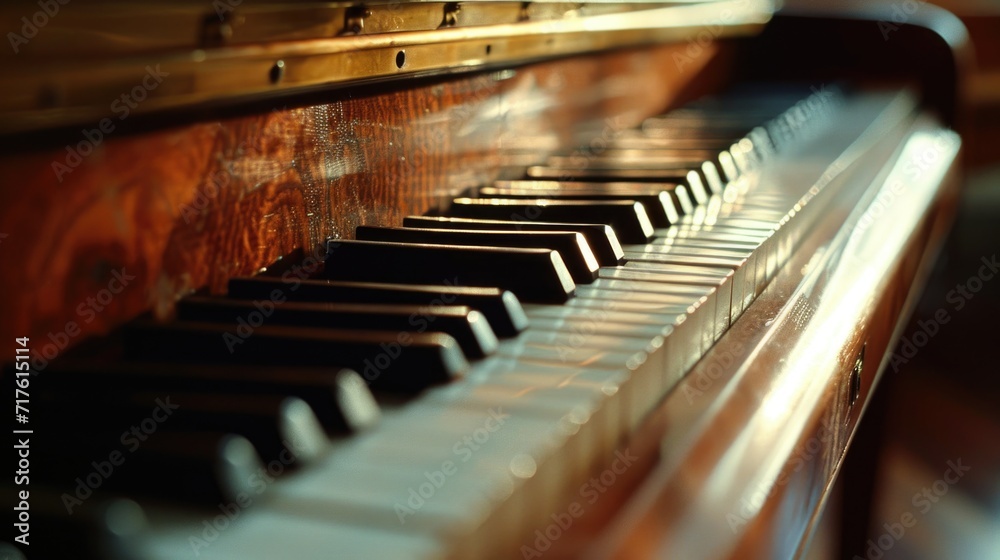 Poster A detailed view of the keys on a piano. This image can be used for music-related designs and concepts