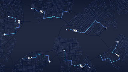 Obraz premium Tracking location and planned route on the map. Intended goals, destinations, roads throughout map. Navigation for obtaining data on distance, turns of path, location dashboard. Vector, illustration