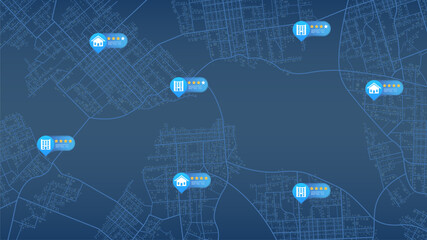 Concept of property valuation. Selection, inspection of buildings, houses, offices for rent or purchase on a city map. Exploring available properties, potential choices. Editable vector illustration