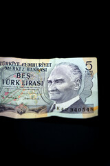 part of Old paper 5 Turkish lira printed by the central bank of the Republic of Turkey