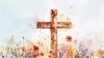 A watercolor painting of a cross surrounded by vibrant flowers. Perfect for religious or spiritual themes - obrazy, fototapety, plakaty