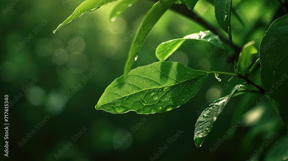 Poster A detailed view of a leaf on a tree. This image captures the intricate patterns and textures of nature. Perfect for nature enthusiasts and those seeking a connection with the outdoors