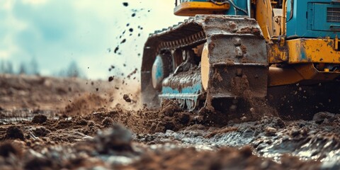 Fototapeta premium A bulldozer is seen driving through a muddy field. This image can be used to depict construction, heavy machinery, or rural landscapes