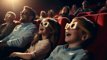 A cheerful young family with their daughter is watching a movie at the cinema with popcorn. Having fun with children, recreation and entertainment concepts. - obrazy, fototapety, plakaty