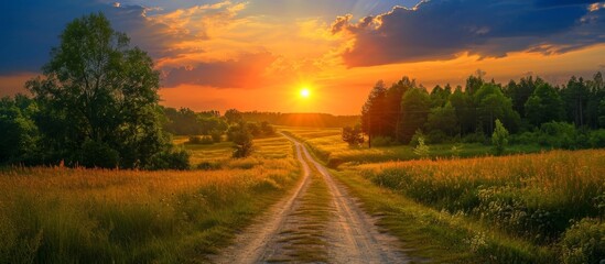 Beautiful summer landscape with a vivid sunset above a country road and forest, casting a shadow.