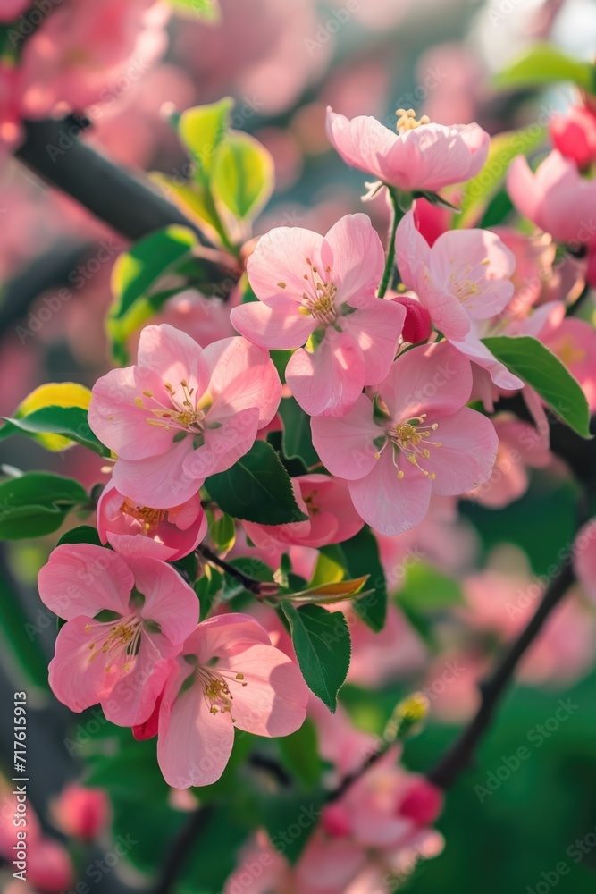 Poster a close-up shot showcasing the beauty of pink flowers on a tree. perfect for nature enthusiasts or a
