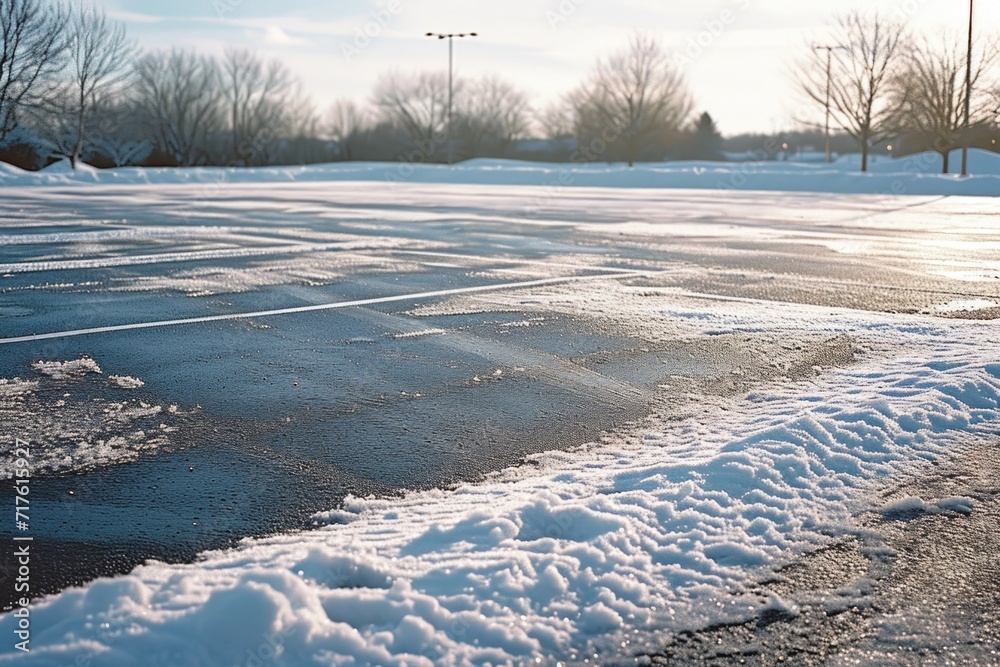 Poster a snowy parking lot with trees in the background. ideal for winter-themed designs and advertisements