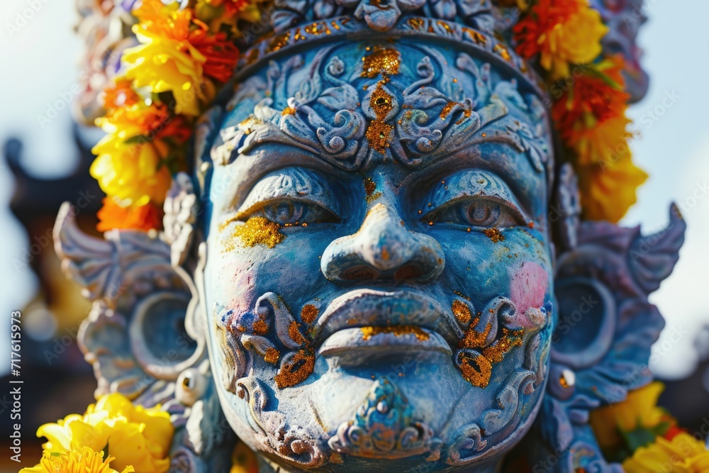 Poster A detailed shot of a statue adorned with a delicate crown of flowers. Perfect for adding a touch of nature and elegance to any project
