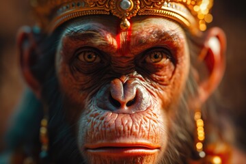 Obraz premium Close up of a monkey wearing a crown. Perfect for animal lovers or to add a touch of royalty to your designs